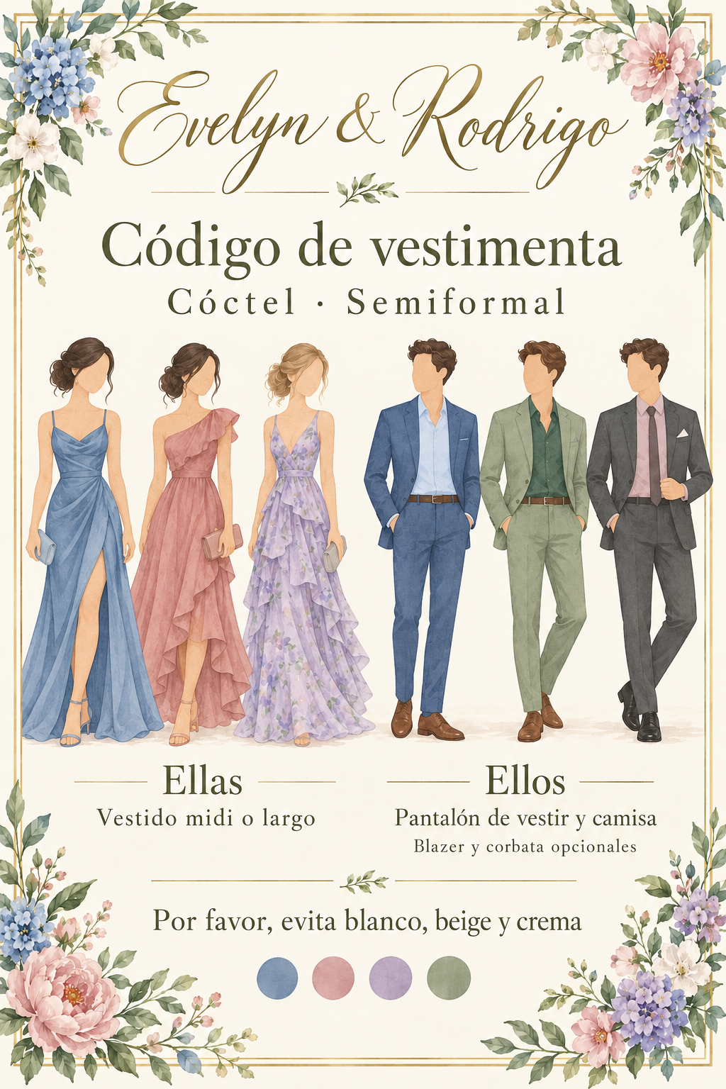 Guía de vestimenta cóctel semiformal. Vestido midi o largo, pantalón de vestir y camisa. Blazer y corbata opcionales. Evitar blanco, beige y crema.